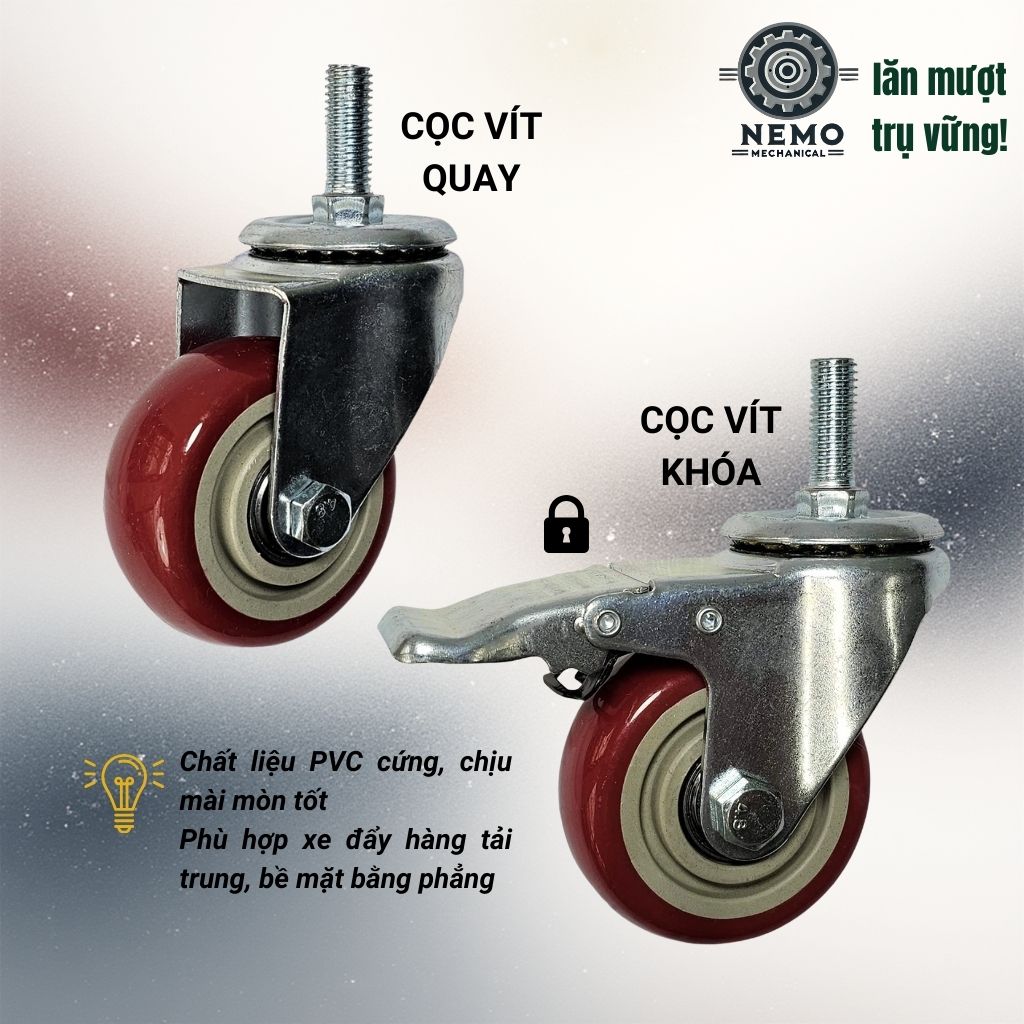 Bánh Xe PVC Đỏ Mận Cọc Vít M12 (D75, D100, D125)
